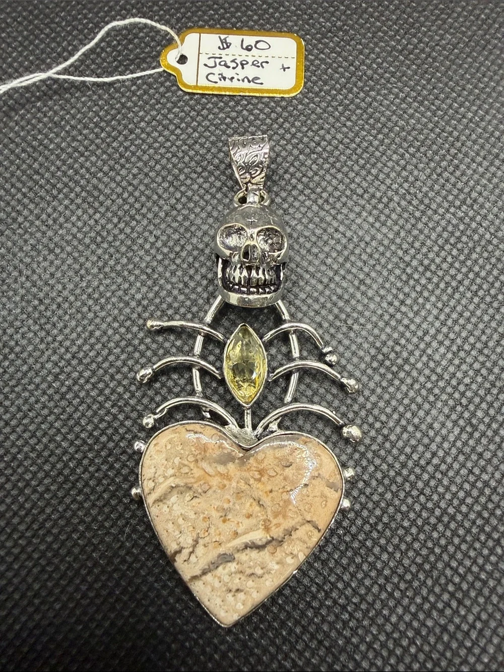 Sterling Silver Skull & Heart Pendant with Jasper and Citrine3.10”
